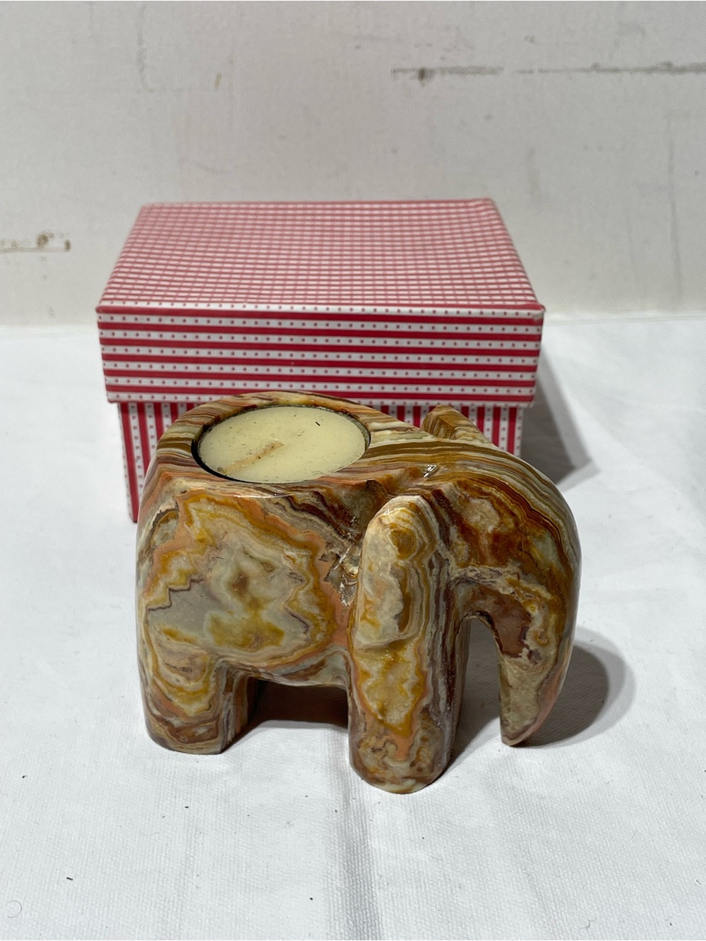 Pakistani Onyx Banded Calcite Elephant Tealight Candle Holder Stone New Box